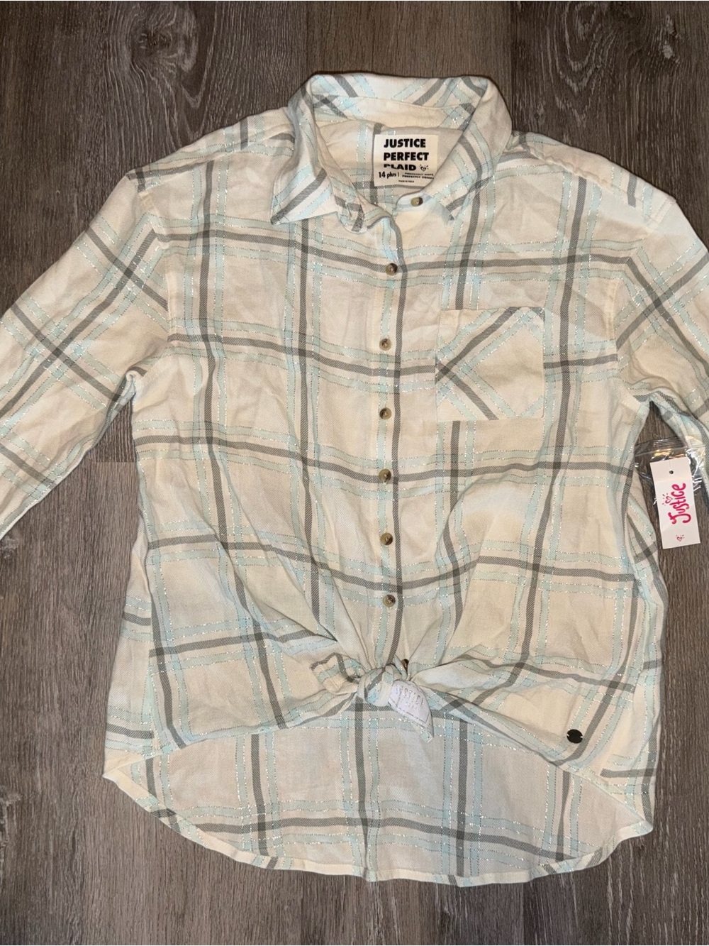 Justice Plaid Tie-Front Button-Up Shirt - Cream & Light Blue